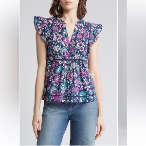 Rails Misha floral cotton top shirt blouse woodblock floral Small EUC